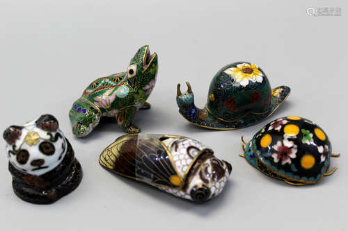 Goup of five Chinese cloisonne animals/bugs.