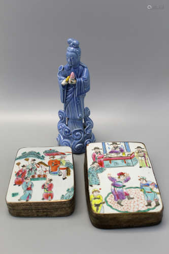 Two Chinese porcelain boxes and one procelain figurine.
