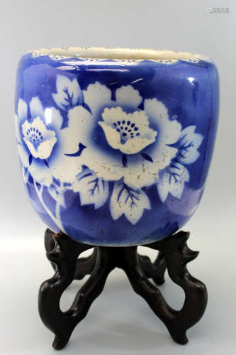 Japanese blue and white porcelain planter with stand.