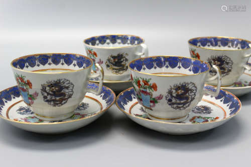 Set of four (4) Chinese famille rose cups and saucers. Qing dynasty.