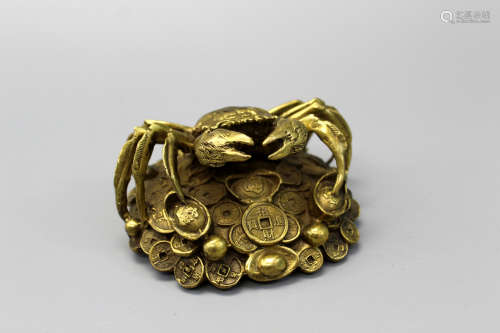 Chinese gilt metal figure of a crab with coins.