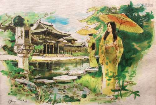 Japanese print on canvas, signed Barry Ross 1975.