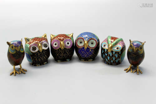 A group of five Chinese cloisonne owls