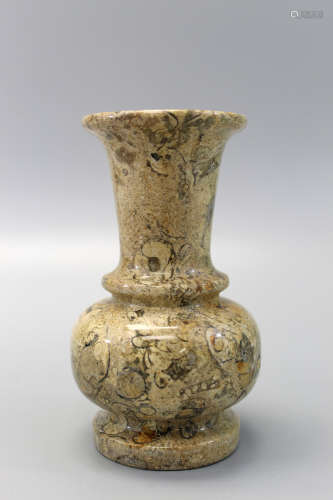 Ancient Turritella fossil stone carved vase.
