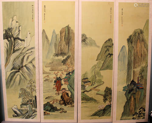 Set of 4 Chinese water color painting panels.