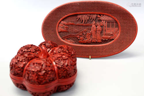 Chinese carved cinnabar plate and box.