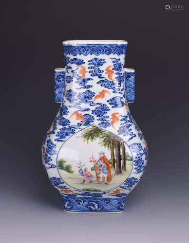 Chinese blue and white and famille rose porcelain vase, Qianlong mark.