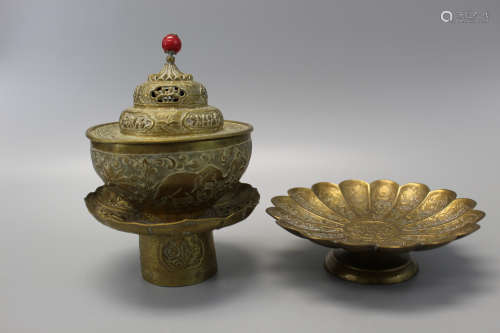 Tibetan metal lidded cup and dish.