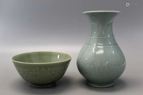 Chinese celadon vase and bowl.