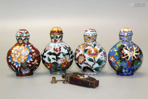 Five Chinese cloisonne snuff bottles.