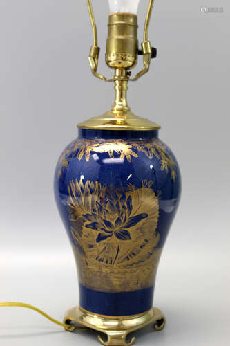 Gilted cobalt blue porcelain vase lamp.