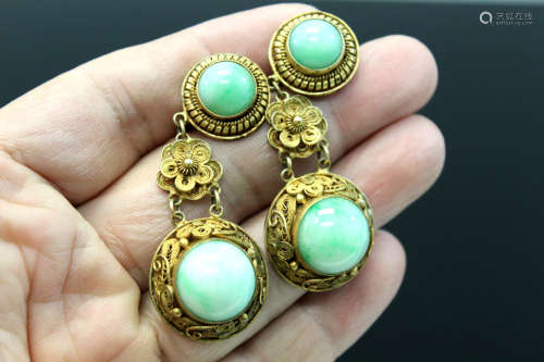 A pair of Chinese silver and jadeite ear rings