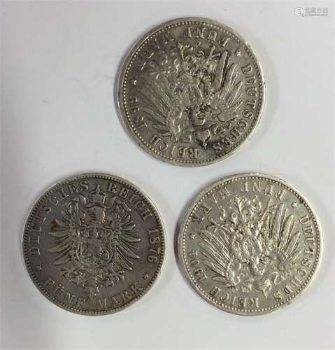 Three German silver Marks. Est. £25 - £35.