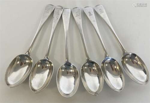 A set of six silver OE pattern dessert spoons. Lon