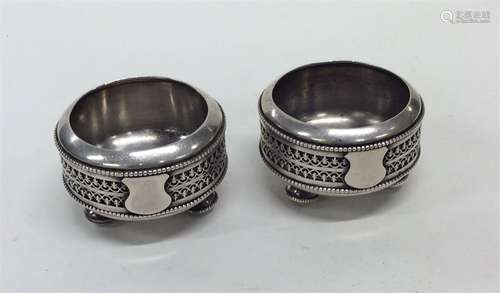 A pair of Victorian silver salts with beadwork dec