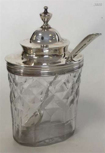 A silver mounted mustard pot with hinged top toget