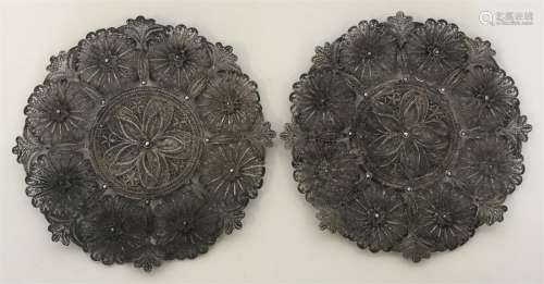A pair of Indian silver filigree dishes decorated