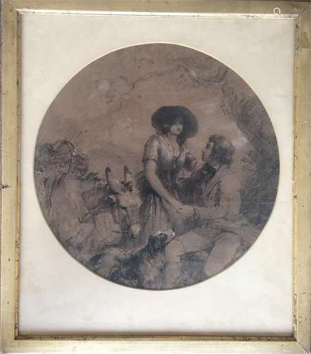 A circular pen and ink drawing of a romantic coupl