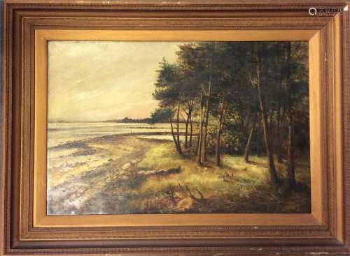 A large gilt framed oil on canvas of a river scene