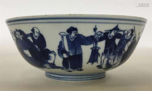 A Chinese blue and white shallow bowl decorated wi