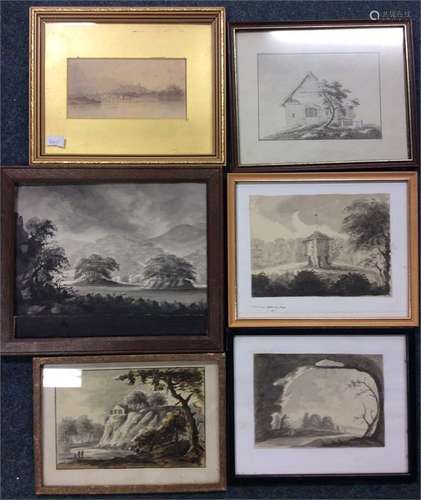 Five various framed pen and ink drawings. Est. £20