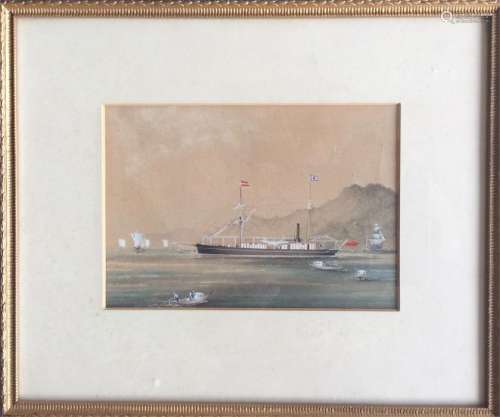 A framed and glazed watercolour of a steamer. Appa
