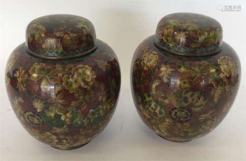 A pair of modern cloisonné vases and covers. Est.