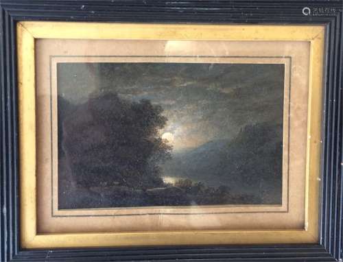 A small framed and glazed oil painting of a moonli