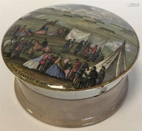 A circular pot lid and base depicting 1863 Rifle C