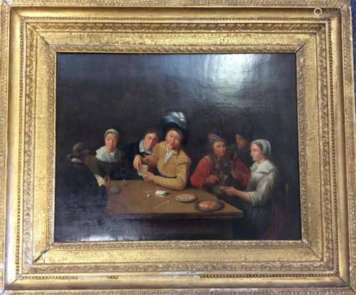 A large gilt framed oil on canvas of a drinking sc