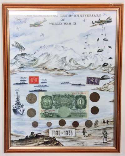 A framed and glazed coin set, old pound note, and