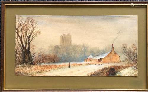 A framed winter scene depicting Conisbrough Castle