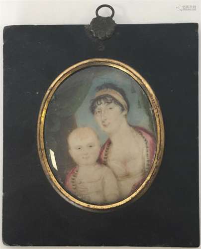 An oval miniature of a mother and child with green