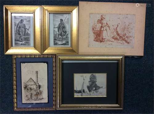 Five various framed pen and ink drawings. Est. £20