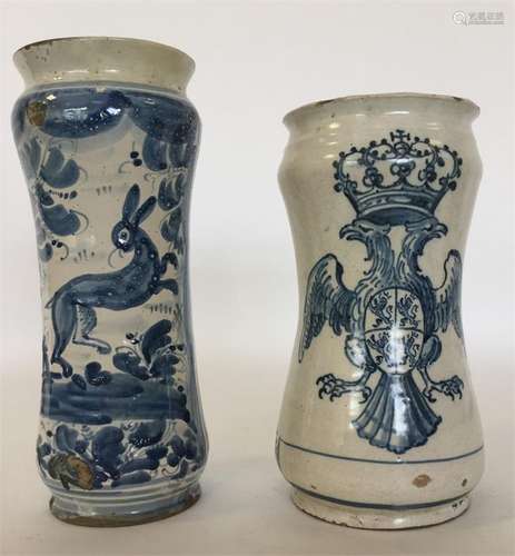 A Maiolica blue and white slender waisted drug jar