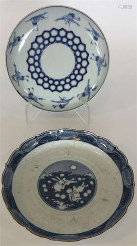 A Japanese blue and white porcelain circular dish painted with hare