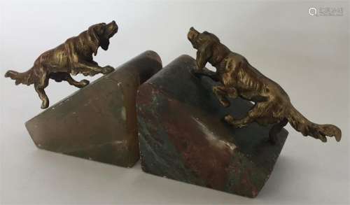 A pair of agate bookends mounted with hunting dogs