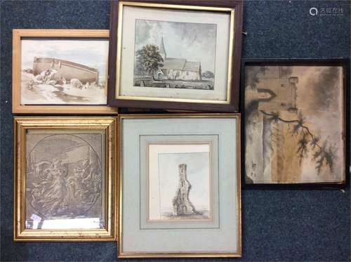 Five various framed pen and ink drawings. Est. £20