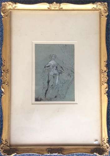 A rectangular pen and ink drawing of a lady in flo