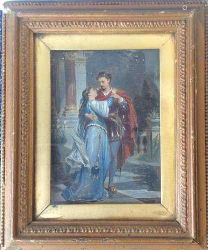 An oil on board depicting a romantic couple on a b