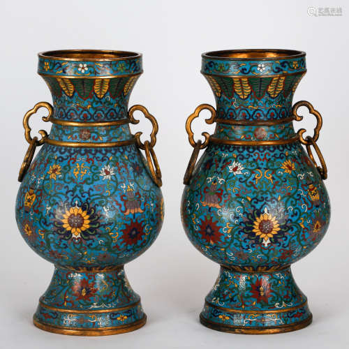 CHINESE PAIR OF CLOISONNE FOLIAGE MOTIF VASES