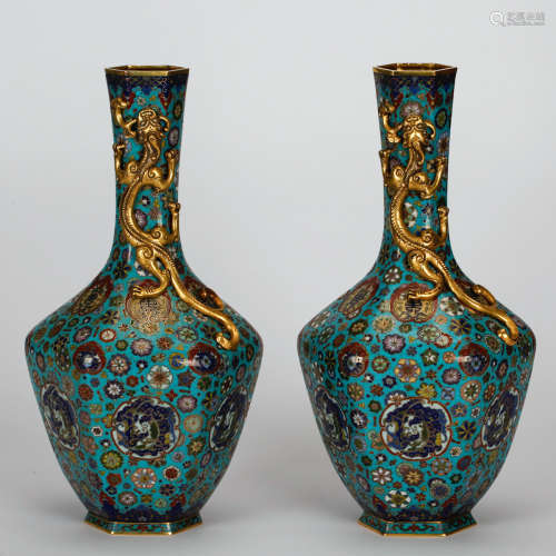CHINESE PAIR OF CLOISONNE CHILONG VASES