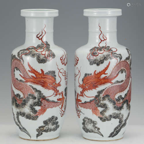 CHINESE PAIR OF PAINTED DRAGON ROULEAU VASES