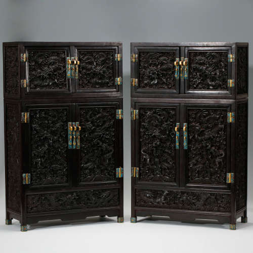 CHINESE PAIR OF ZITAN WOOD MINIATURE CABINETS