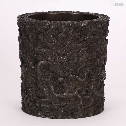 CHINESE ZITAN WOOD DRAGON BRUSH POT