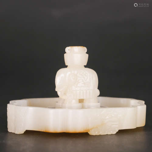 CHINESE WHITE JADE CARVED ELEPHANT INCENSE TRAY