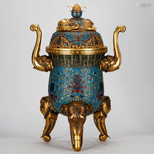 CHINESE CLOISONNE CENSER WITH ELEPHANT FOOTINGS
