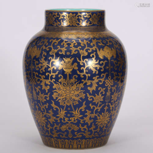 CHINESE GILDED BLUE GROUND PORCELAIN JAR