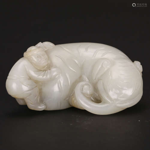 CHINESE WHITE JADE CARVED BOY AND ELEPHANT