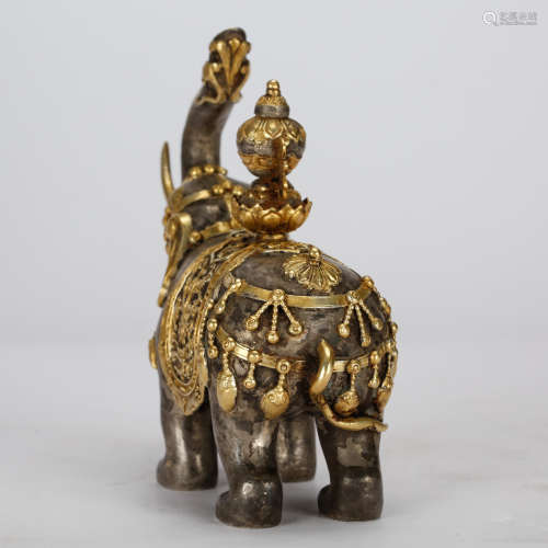 CHINESE GILT AND SILVER OVER BRONZE ELEPHANT